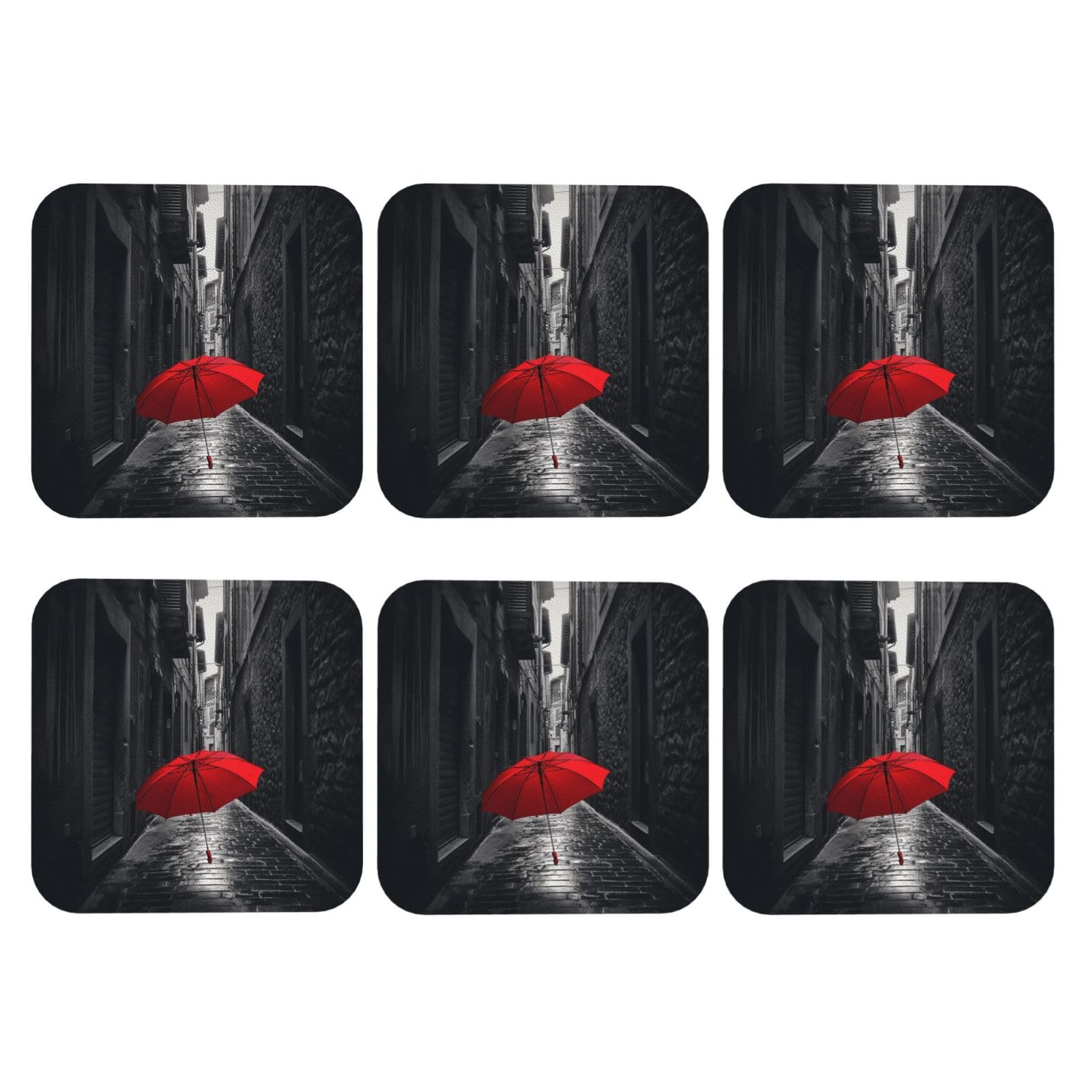 6pcs Leather Coasters for Drinks, Red Umbrella Dark Street Drink Coasters for Tabletop Protection, 4" Cup Coasters for Coffee Table Decor, Non-Slip Drinking Cup Mat for Hot Or Cold Drink