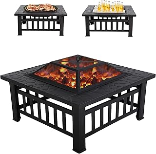 Fire Pit 32in Square Metal Firepit Patio BBQ Fireplace with Charcoal Rack Mesh Cover Poker for Camping Bonfire Picnic Outd...