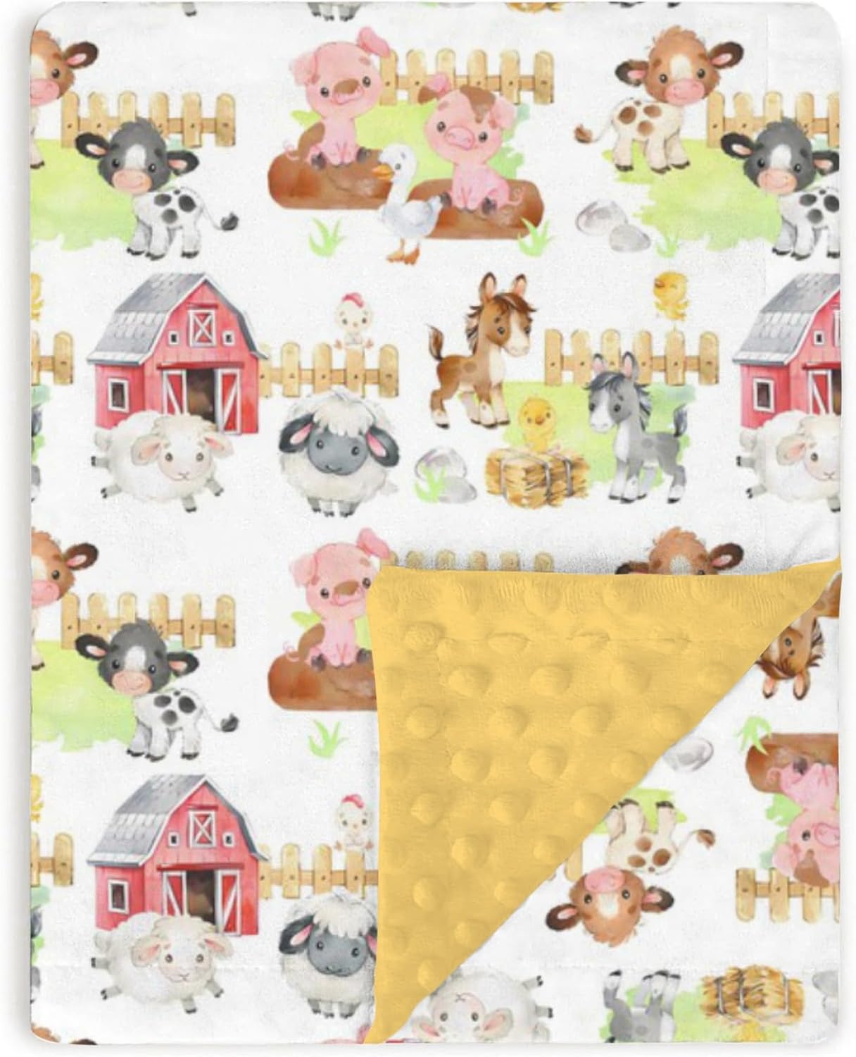 Farm Life Animal Baby Blankets for Girl Boy 30" x 40", Yellow Barn Soft Double Layer Minky Blanket with Dotted Fleece Back, Nursery Bed Receiving Quilt for Newborn Infant Toddler Shower Gift