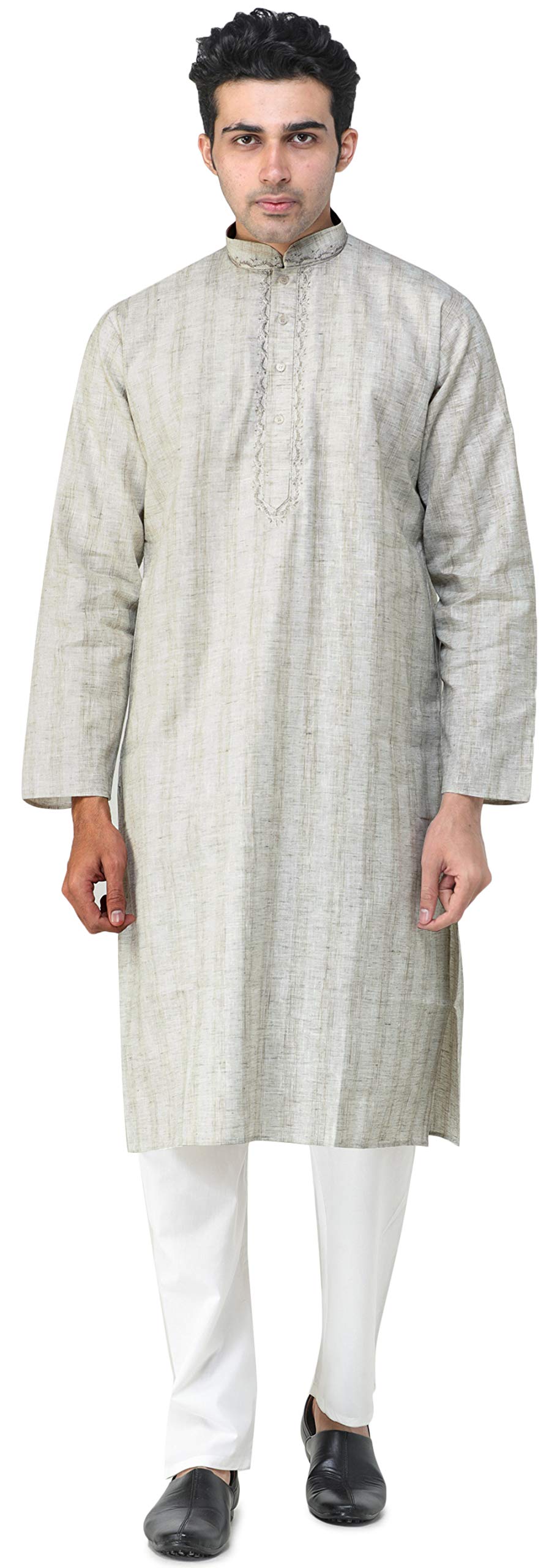 Silver-Birch Casual Kurta Pajama Set with Woven Stripes and Embroidery - Pure Cotton - Size 2XL-image-18