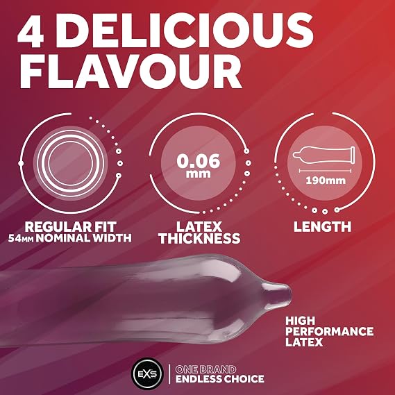 EXS Mixed Flavoured Condoms (12 Pack) Regular Fit, Premium Latex with Non-Spermicidal Lube, Flared with Teat, PETA-Approved Vegan Condom, 3 Year Life - CE Marked NHS Approved Male Condoms