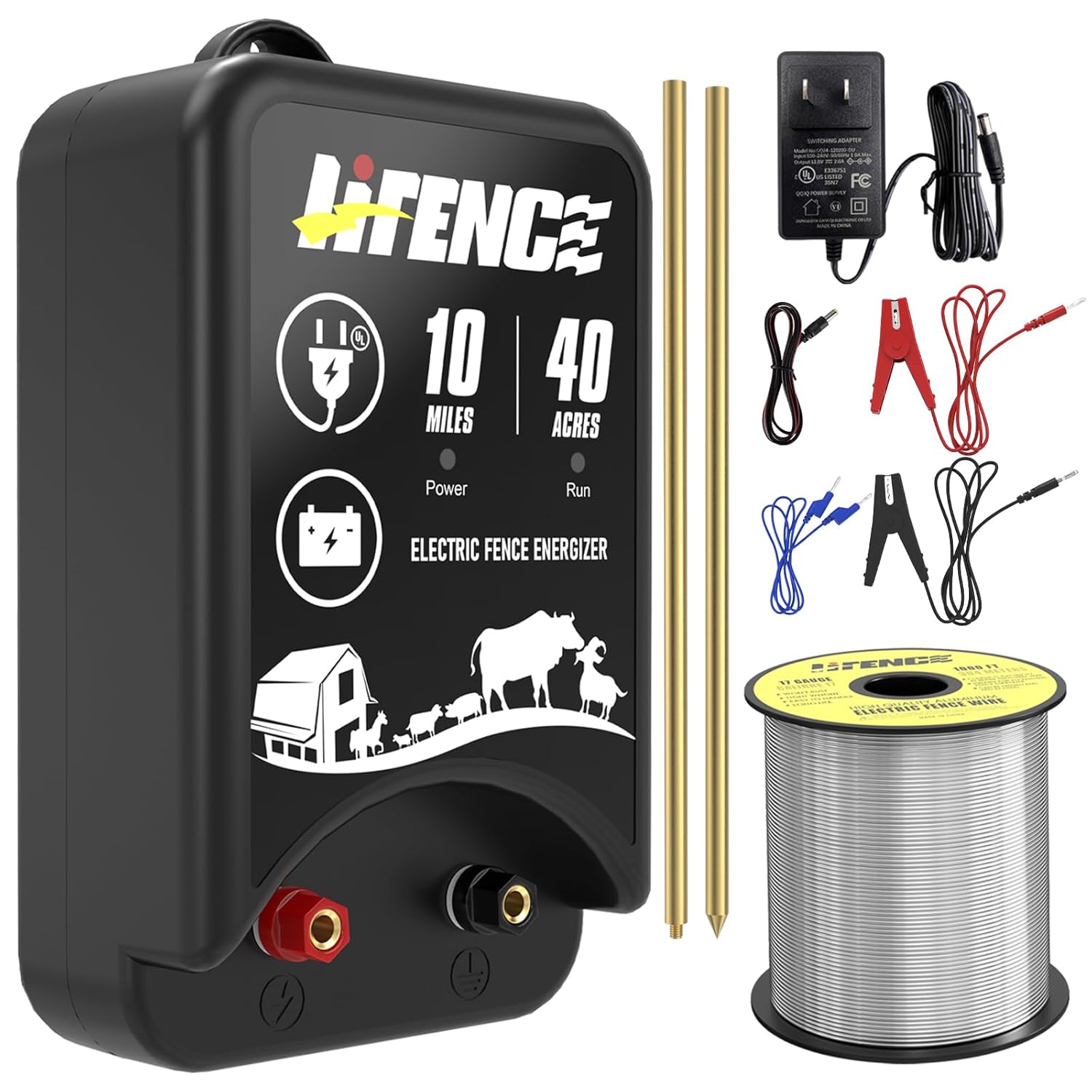 AC/DC 2 in 1 Power Supply, Electric Fence Energizer Kit for 10 Mile Preventing Wild Animal Intrusion, 40 Acre Coverage, 12V Input, 12KV 2 Joule Output, Electric Fence Charger for Livestock