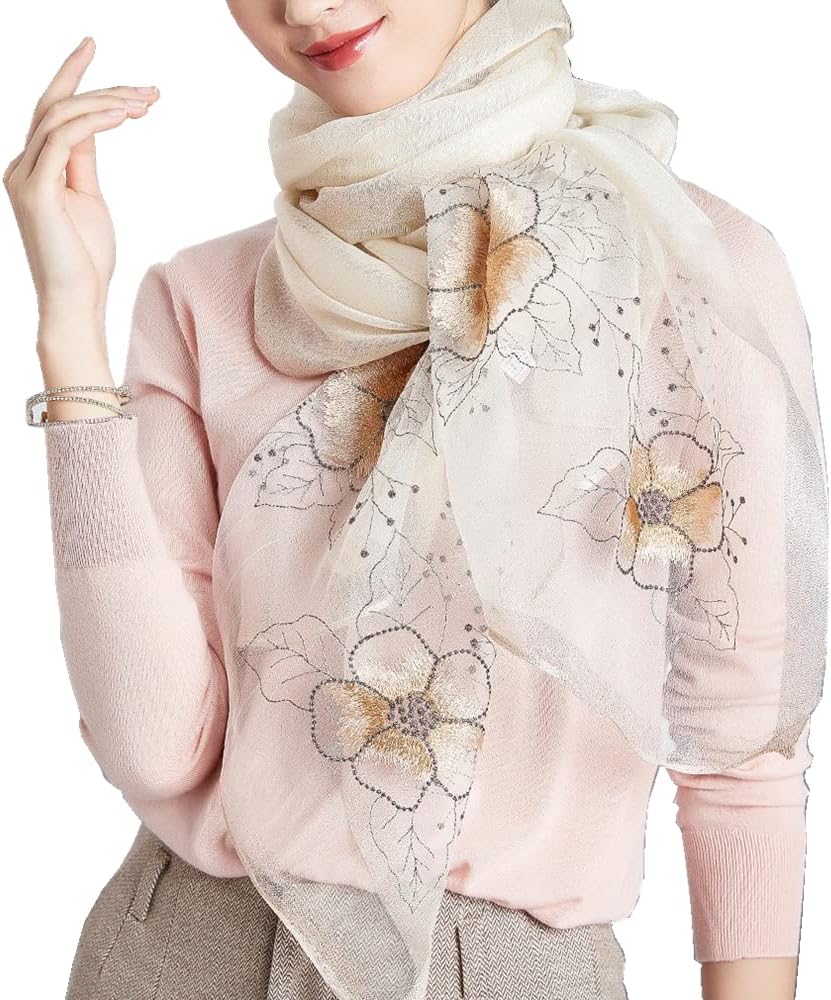 WINCESS YU Women Mulberry Silk Scarf Long & Large Embroidered Floral Pattern Shawl and Wraps Neckerchief for Hair & Neck…