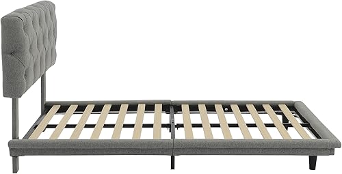 Miniatura 73 de Base de cama flotante tamaño Queen con luces LED y carga USB, marco de cama LED de plataforma tapizada moderna, no necesita somier (blanco-1)