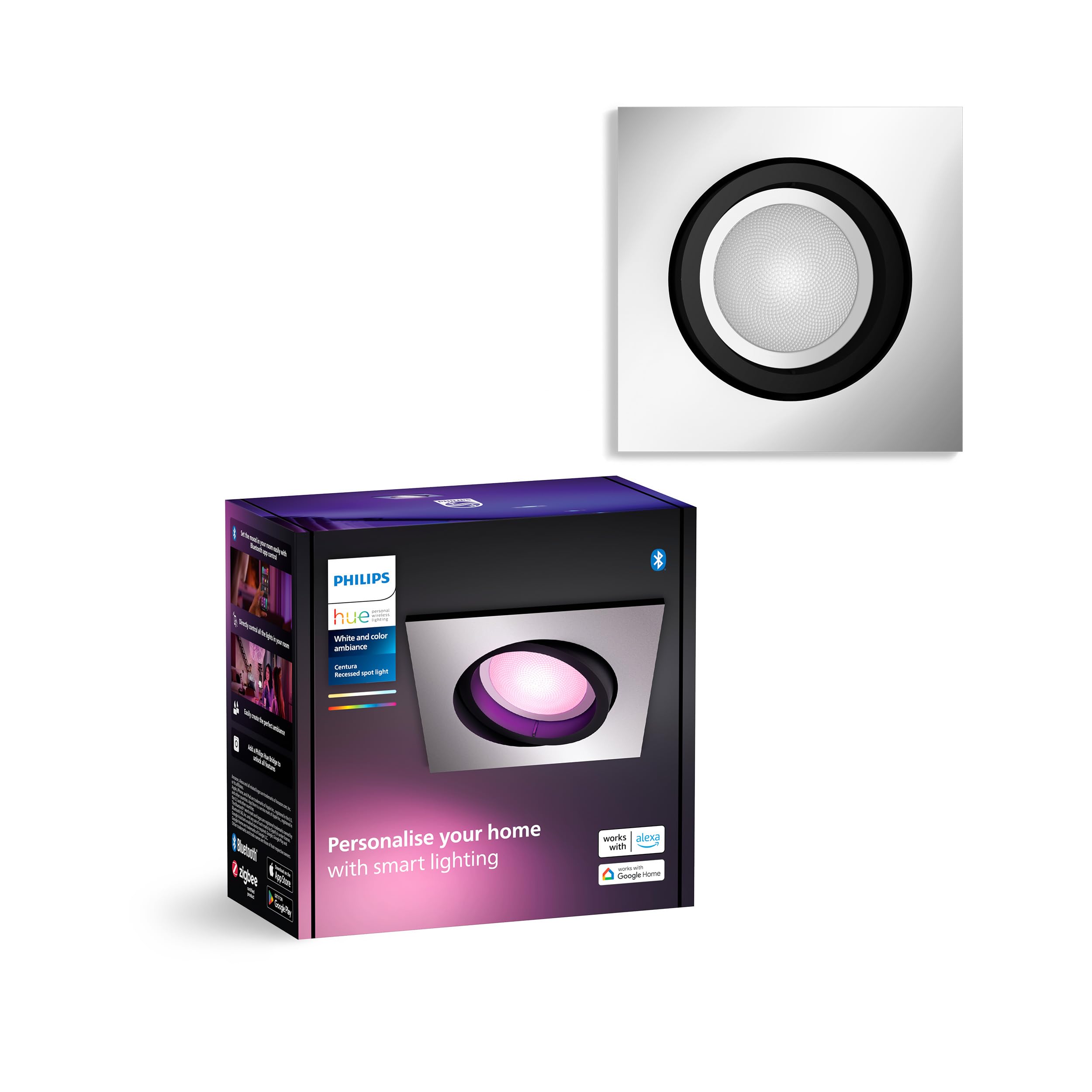 Philips Hue White & Color Ambiance Centura eckige Einbauspots 1er Pack (1.050 lm), dimmbare Deckenlampen mit 16 Mio. Farben, smarte Lichtsteuerung über Sprache und App, aluminium, neue Generation