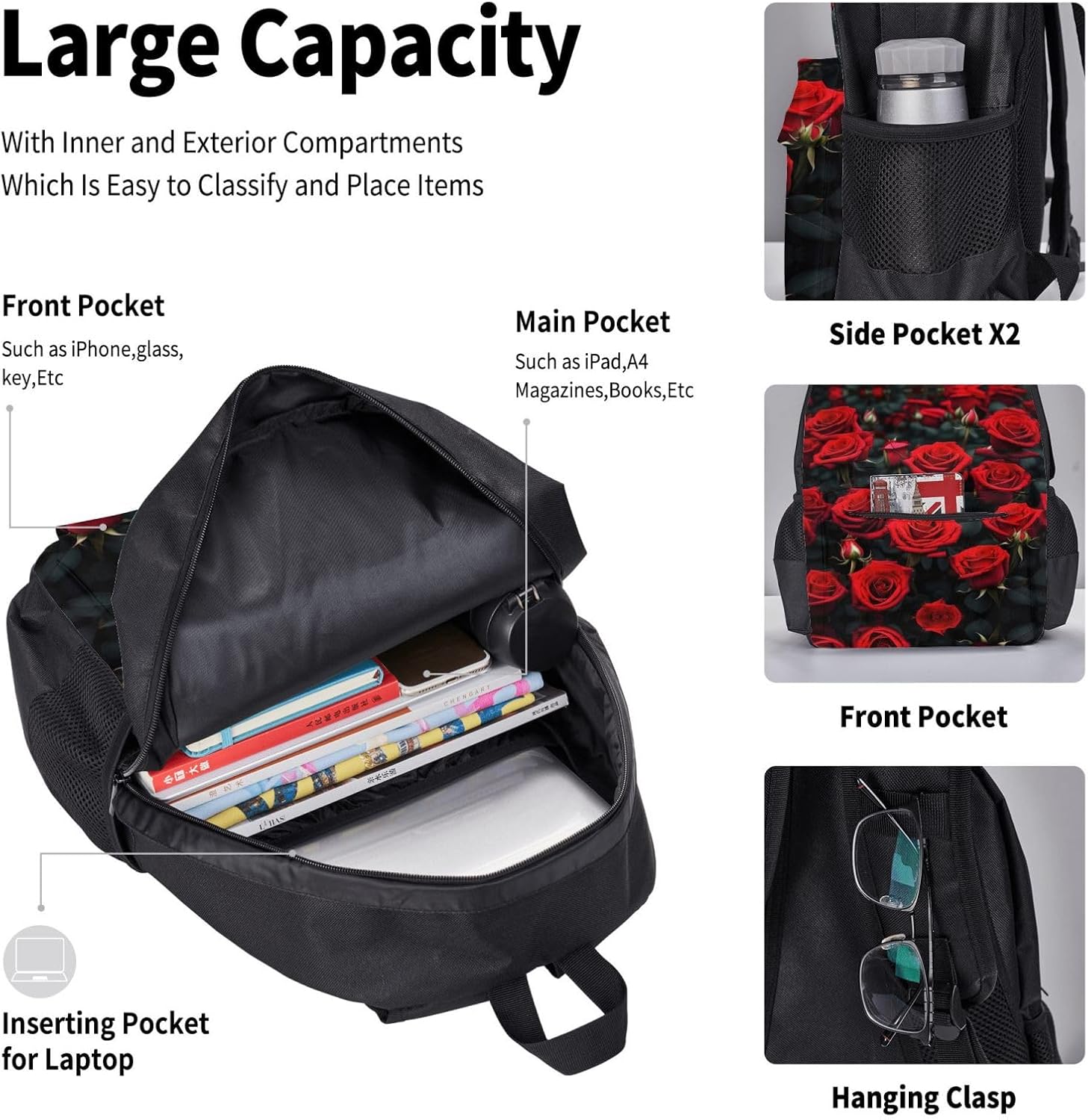 Many Red Rose Print 3 In 1 Set With Lunch Box Pencil Bag Backpack Set Computer Bag Casual For Gym Beach Travel, Black