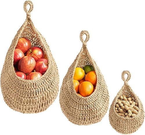 Crandek Boho Jute Hanging Basket - Wicker Hanging Fruit Basket for Fresh Produce Storage, Vegetable Keeper for Potato, Onion Garlic, Plant Holder - Handmade Kitchen Pantry Organizer (3 Size Pack)