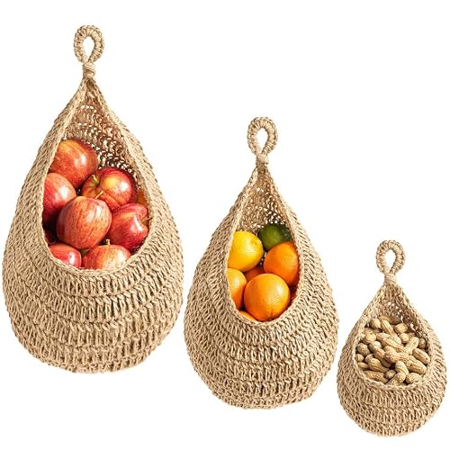 Crandek Boho Jute Hanging Basket - Wicker Hanging Fruit Basket For Fresh Produce Storage, Vegetable Keeper For Potato, Onion Garlic, Plant Holder - Handmade Kitchen Pantry Organizer (3 Size Pack) #TOP2