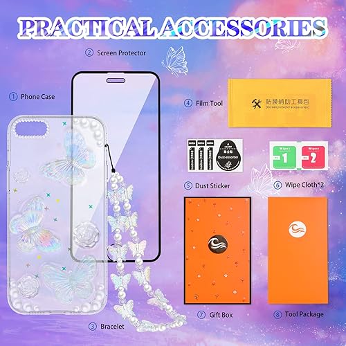 Miniatura 6 de Goocrux Funda 3 en 1 para iPhone SE78 diseño de mariposa 3D, purpurina, brillante, cristal, estilo lindo femenino, cadena y protector de pantalla