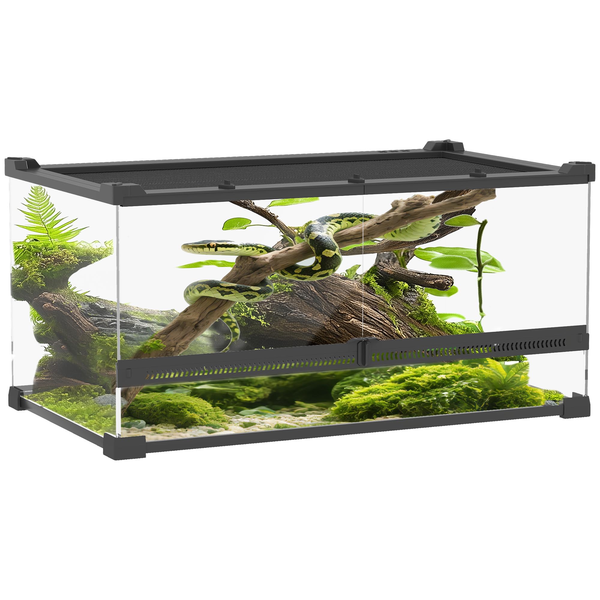 PawHut Terrarium dla gadów, szklane sterrarium 34 l, pudełko na karmienie gadów, z przednią wentylacją, odporne na wybicie zamknięcie obrotowe dla pająków, czarne, 50 x 30 x 25 cm