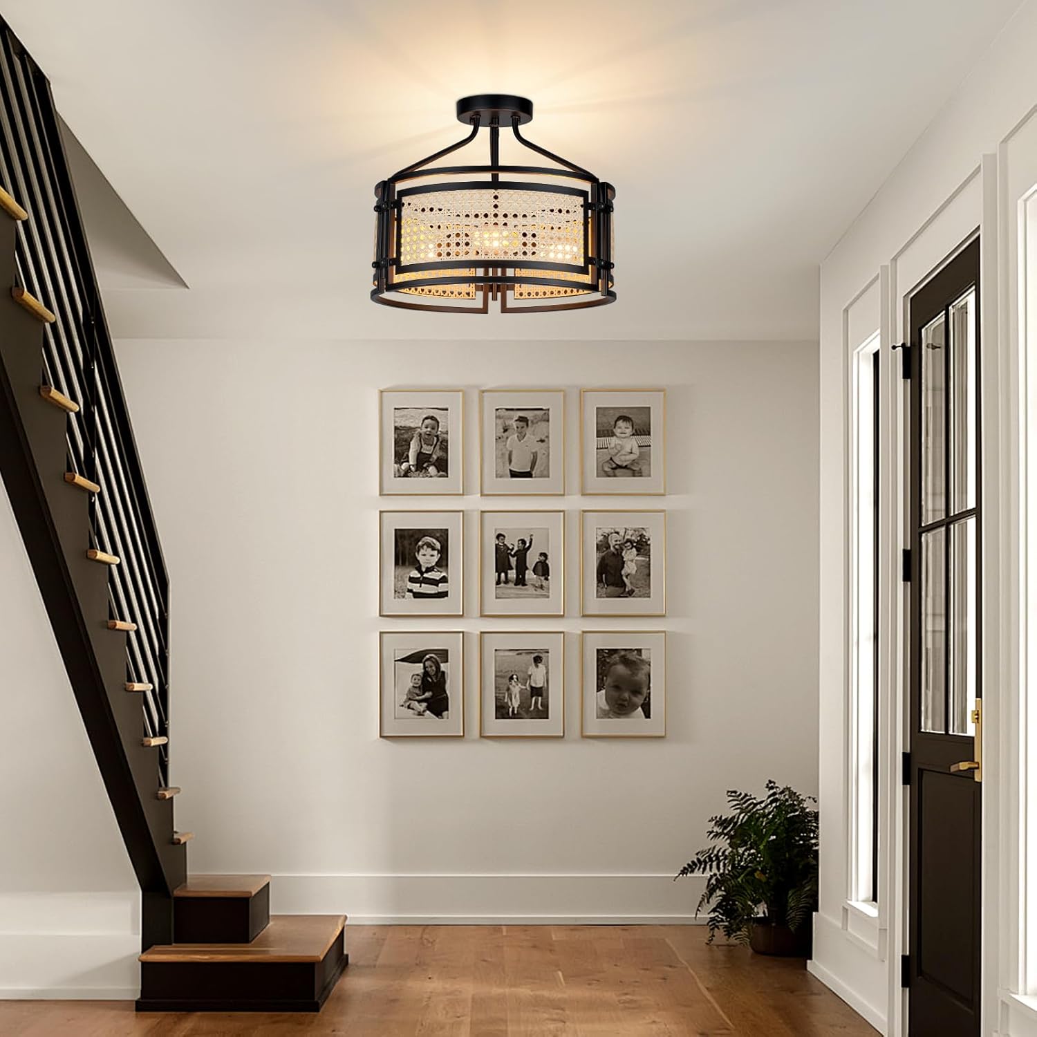 Farmhouse Semi Flush Mount Ceiling Light Fixture, 15 Inch 3-Light Boho Rattan Flush Mount Light Fixtures, Round Ceiling Lights for Kitchen Bedroom Hallway Dining Room