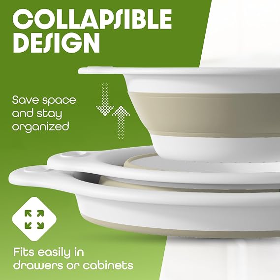 GEVOLI Collapsible Colanders (Pack of 2) - Food Colanders with Draining Base for Sink, Ideal for Pasta, Fruit and Vegetables (4L & 5L) - White/Beige