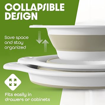 GEVOLI Collapsible Colanders (Pack of 2) - Food Colanders with Draining Base for Sink, Ideal for Pasta, Fruit and Vegetables (4L & 5L) - White/Beige