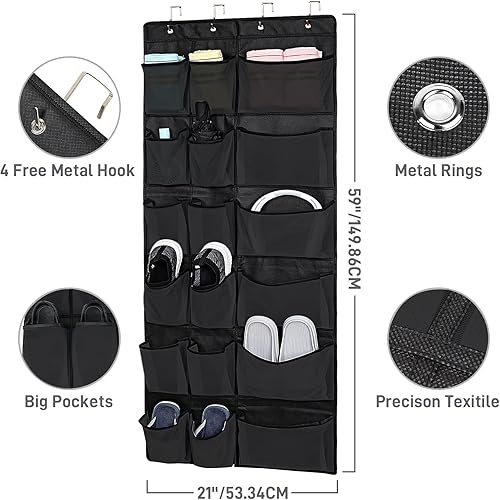 Miniatura 2 de Organizador de zapatos de malla para colocar sobre la puerta, 18 bolsillos grandes transpirables y duraderos con 4 ganchos de alta gama, estante de