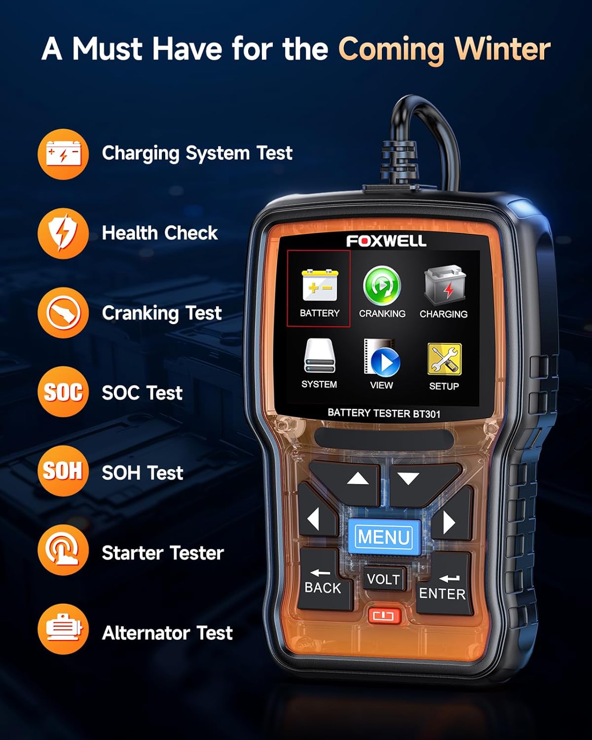 FOXWELL BT301 Battery Tester showing main menu with options for Battery, Cranking, Charging, System, Viewși Configurare.