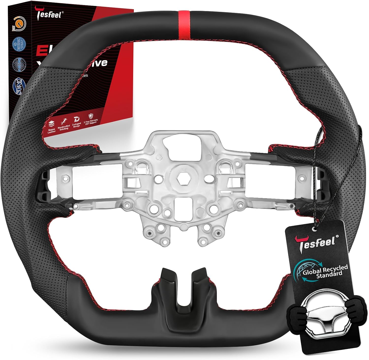 Steering Wheel for Ford Mustang 2015-2017, Full Nappa Leather, Double D-Shape Flat Top & Bottom, Red Stripe & Stitching, for Base, V6, EcoBoost, GT, GT350/GT350R