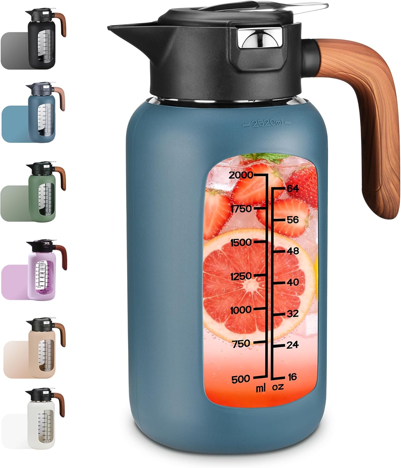 84oz Glass Pitcher with Lid and Handle Borosilicate Glass Water Jug/Carafe for Hot & Cold Beverages, 2.5Liter Large Pitcher with Silicone Sleeve & Wide Mouth, Fridge Safe for Iced Tea, Coffee, Juice