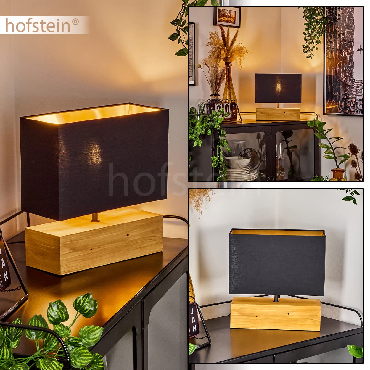 Tischleuchte Geneva, Nachttischlampe aus Holz/Stoff in Natur/Schwarz/Goldfarben, Tischlampe 1-flammig im skandinavischen Design, E27, Länge 30 cm, Leucht m. An-/Ausschalter am Kabel, ohne Leuchtmittel
