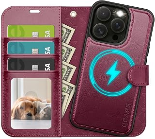 OCASE for iPhone 15 Pro Case Detachable Wallet Case with Card Holder, 2 in 1 Pu Leather Flip Folio with RFID Blocking Stand Wrist Strap Shockproof Phone Cover 6.1 Inch, Burgundy