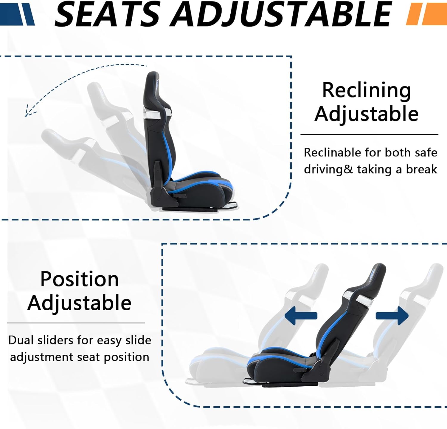 Universal Sim Racing Seat with Adjustable Lock Slide, PVC Bucket Race Seat with 8 Support Feet, Reclinable Sport Car Seats with Reinforced Frame & Soft Foam Cushion (Blue)