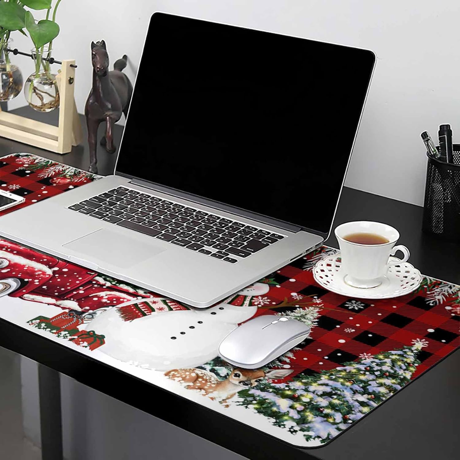 Oversized Gaming Mouse Pad Snowman Christmas Trees Pine Leaves Plaid Desk Mat for Home Office Extended XXL Computer Mouse Pad with Non-Slip Backing for Laptop Desktop Keyboard 35 x 15 Inches
