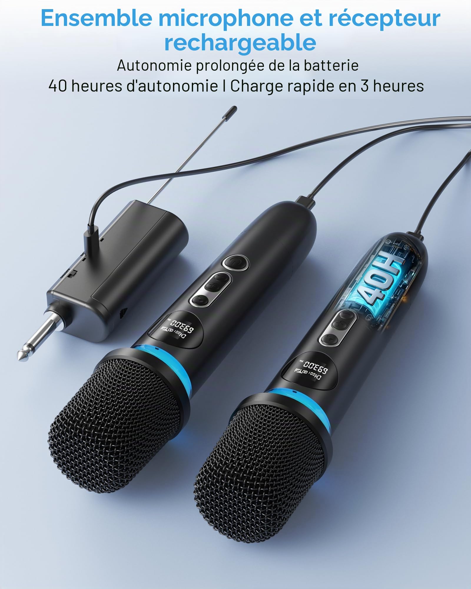 Microphone sans fil, système à double microphone avec fonction de, mise en sourdine par simple pression, éclairage RVB dynamique. 40h d'autonomie, portée de 200FT. pour les DJ, les mariages le chant .