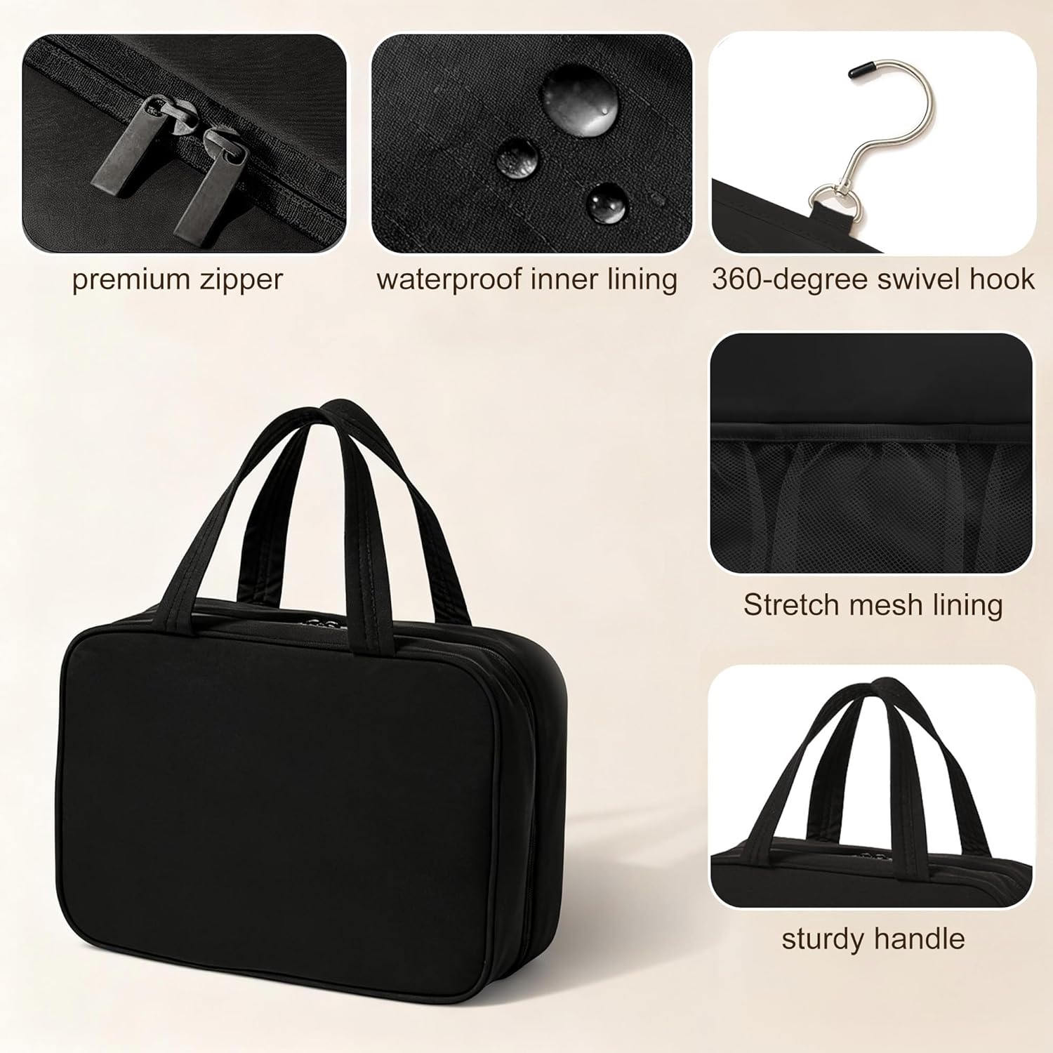 Portable Travel Toiletry Bag for Women, Make Up Organizer with Hanging Hook, Essential Travel Cosmetic Bags with 4 Compartments,12 * 9 * 5 Inches Black
