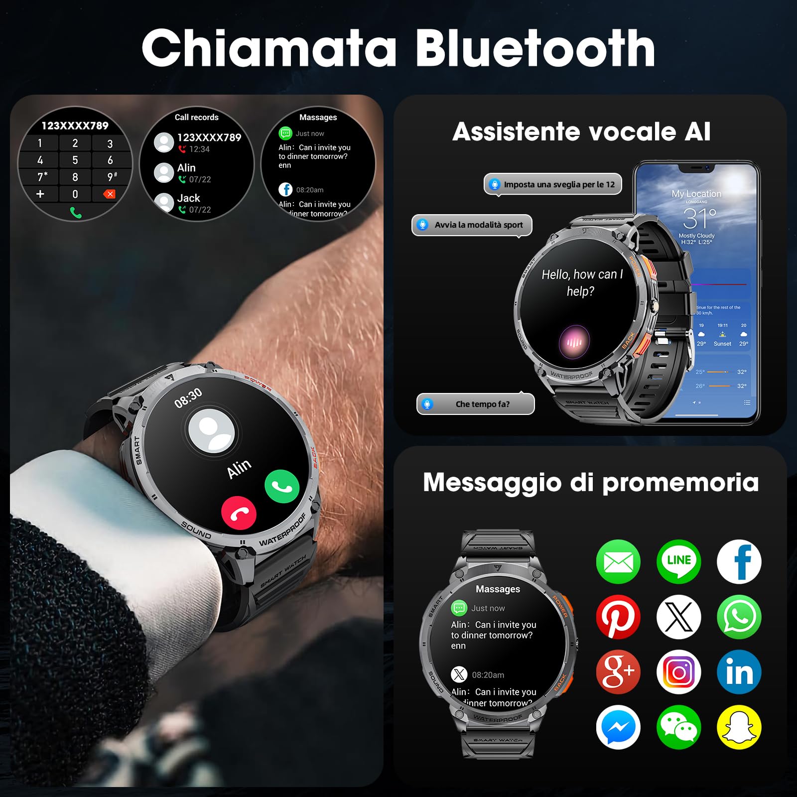 Smartwatch Uomo 1.85" HD 730mAh Orologio Smartwatch con Torcia LED Militare Smartwatch Compatibile iOS Android (Risposta alle Chiamate Bluetooth) Smart Watch con Sonno/Cardiofrequenzimetro