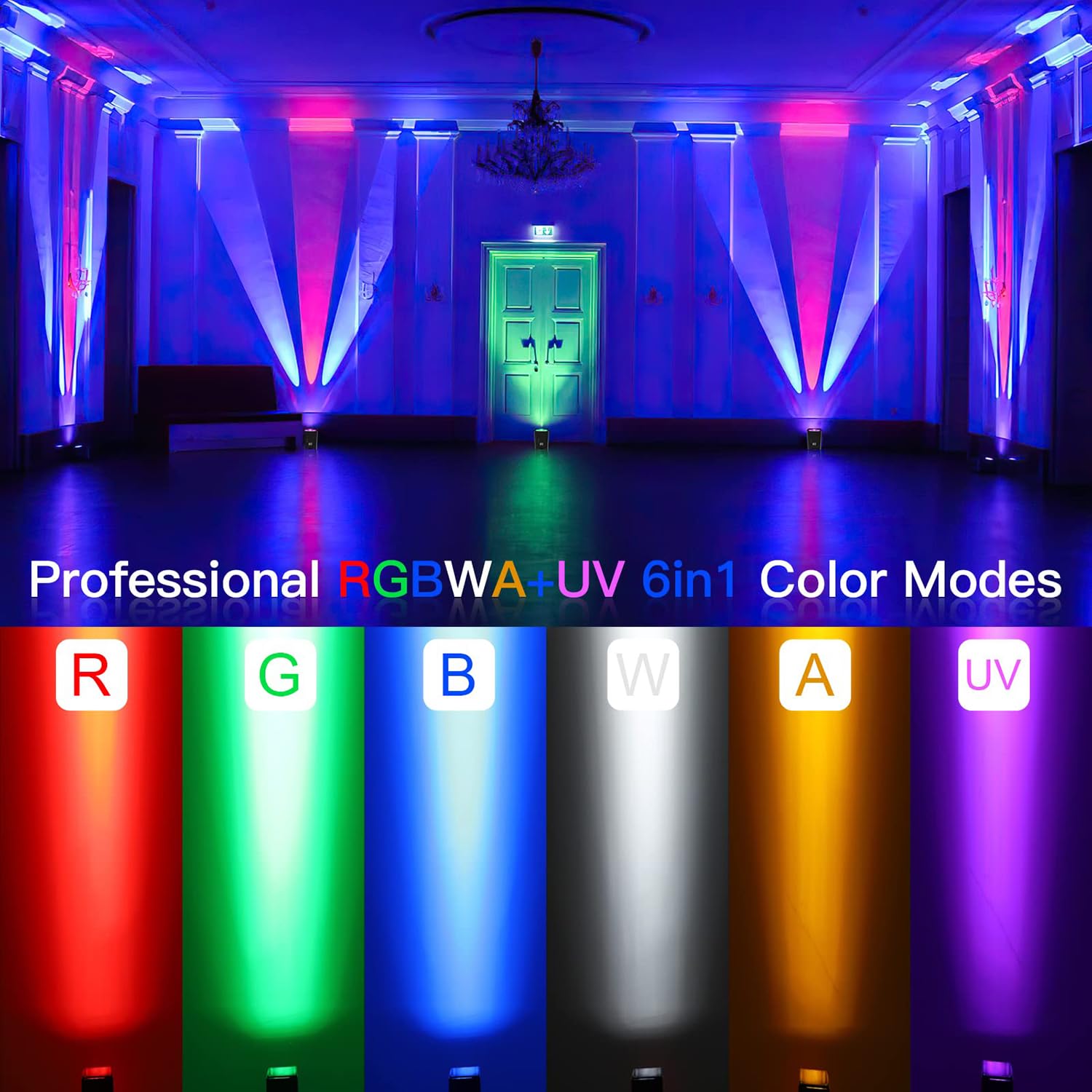 Luce par senza fili 6 x 18 W RGBWA+UV Uplighting - Luci da palcoscenico alimentate a batteria con APP, telecomando e controllo DMX, schermo LCD per DJ Live Show, matrimoni ed eventi