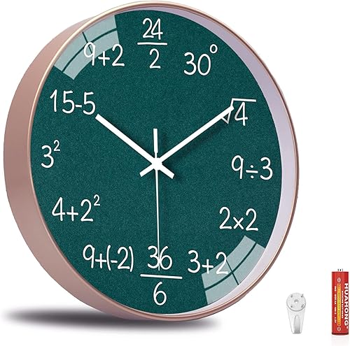 Vista 2 de Reloj de pared de matemáticas de 12 pulgadas con movimiento silencioso sin tictac, reloj de pared de cuarzo de calidad para oficina, aula, escuela
