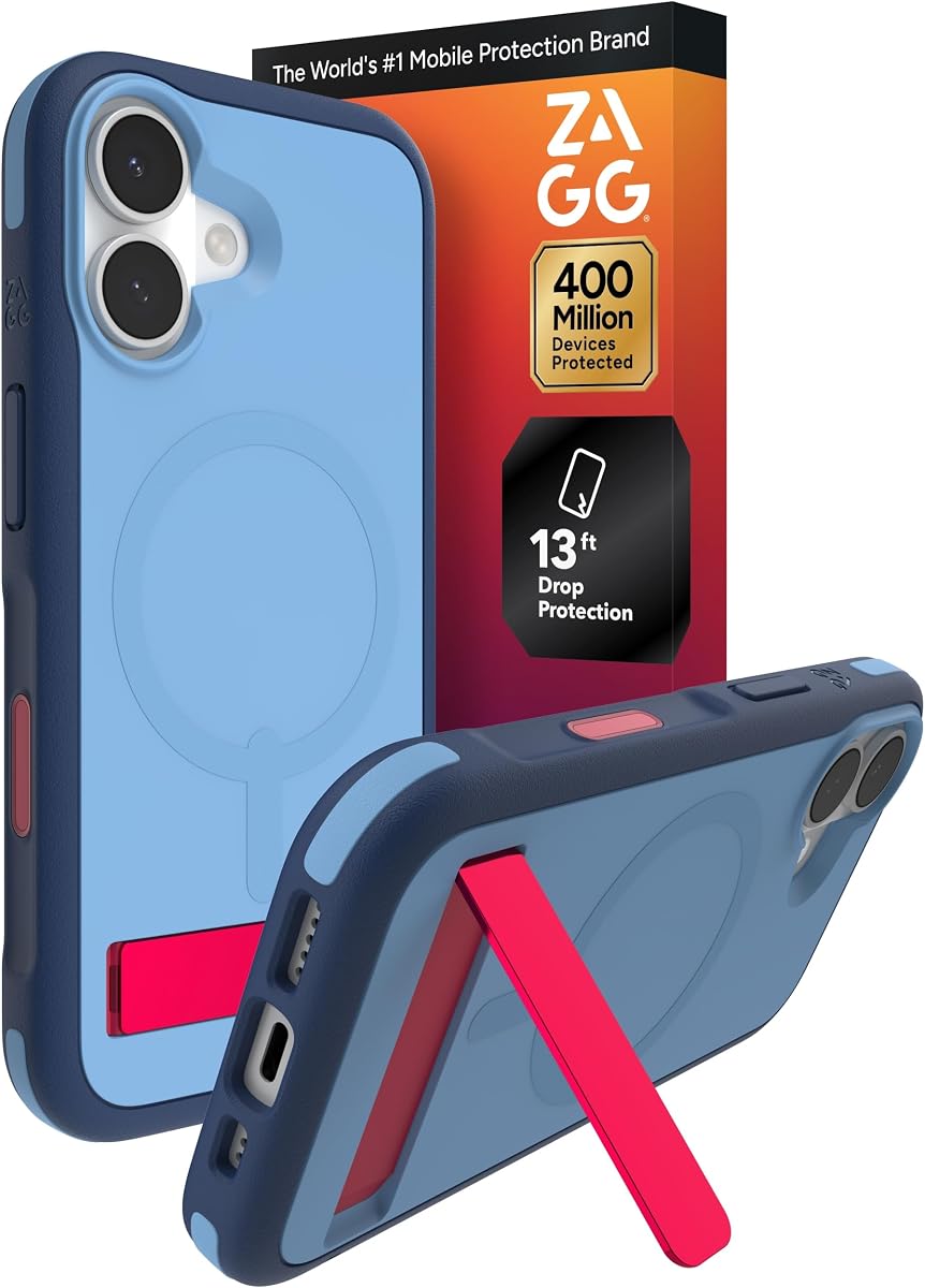 ZAGG Sedona Snap Funda con soporte para iPhone 17 - Blue Royal Ember, protección contra caídas (13 pies/4 m), protección multicapa, con botón de cámara, funda MagSafe para teléfono con protectores que absorben impactos