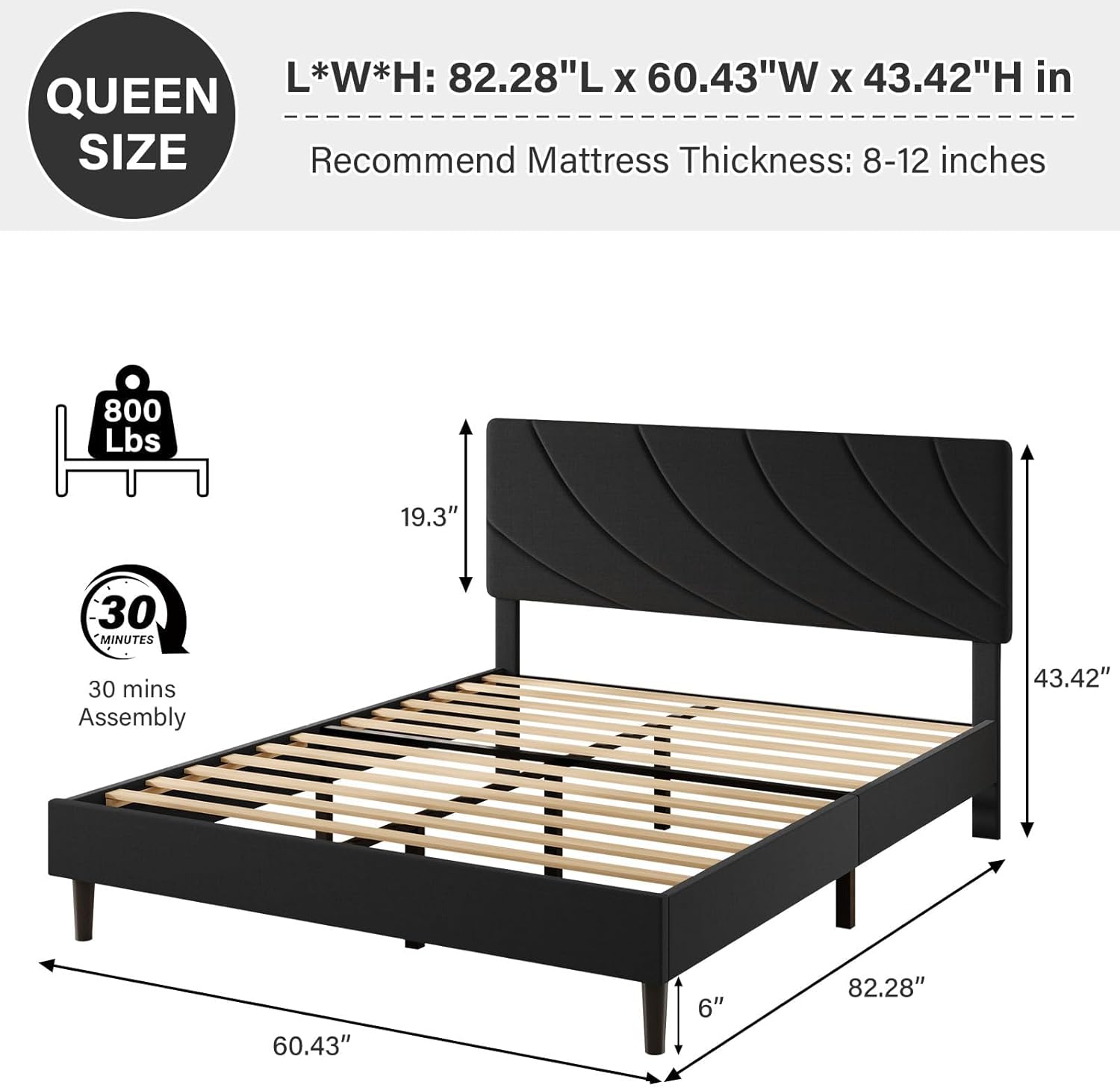 HOMBCK Queen Bed Frame with Headboard, Upholstered Bed Frame Queen Size, Queen Size Bed Frame with Linen Fabric, Wood Slat Support, No Box Spring Needed, Noise-Free, Easy Assembly, Black