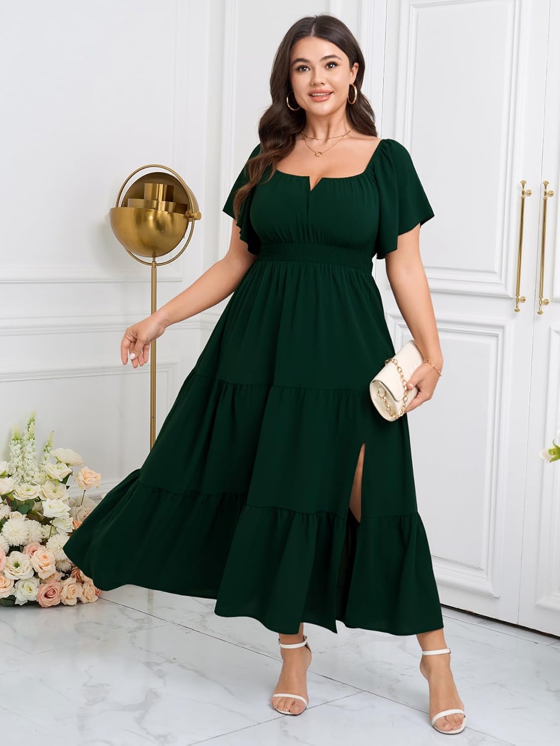SCOMCHIC Womens Plus Size Maxi Dress Formal Short Sleeve Square Neck Smocked Side Split Flowy A Line Tiered Long Dress - Image 2