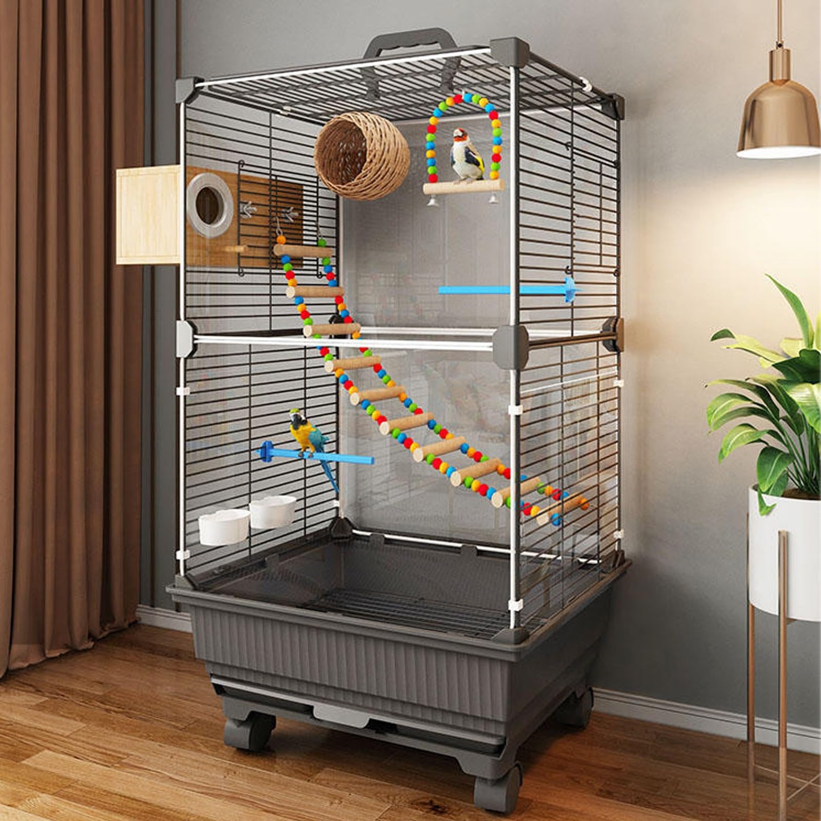 Metalowa klatka dla ptaków dla papug, torba podróżna z drążkiem stojącym, huśtawka, podajnik wody, łatwy do czyszczenia, kwadratowy design 61 cm