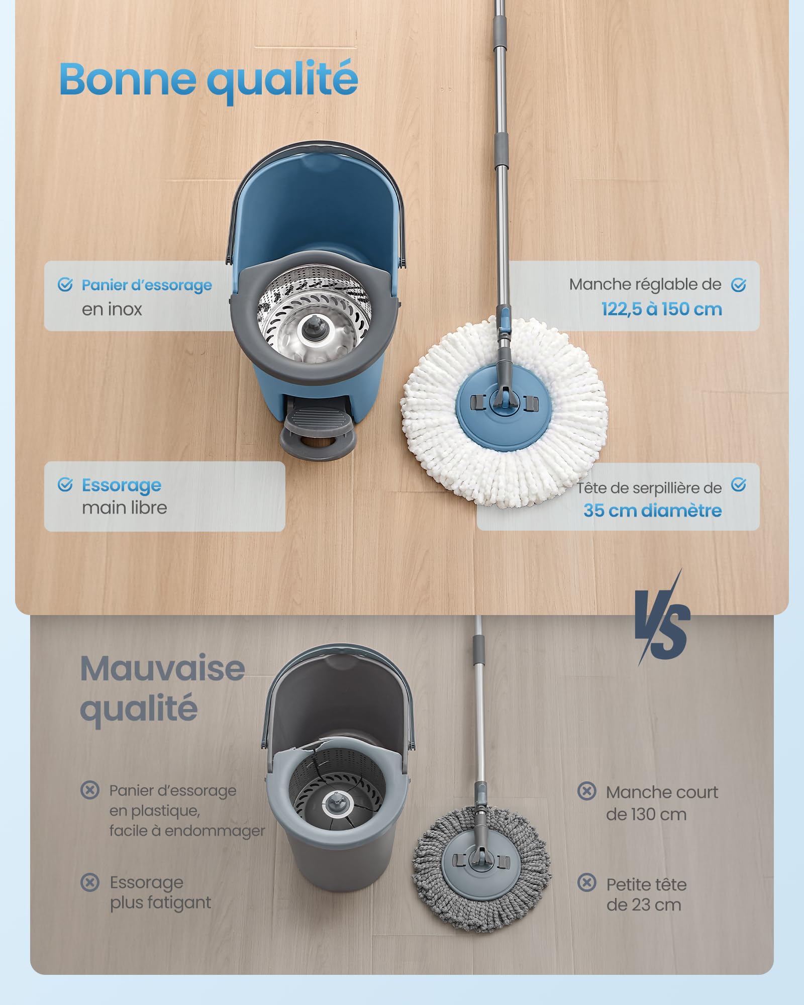 SONGMICS Ensemble Serpillère et Seau, avec Essoreur Rotatif, Balai Serpillière, Seau à Pédale, Manche Télescopique 122,5 à 150 cm, Tête Rotative 360°, 3 Chiffons Microfibres, Bleu et Gris LMB002QT03