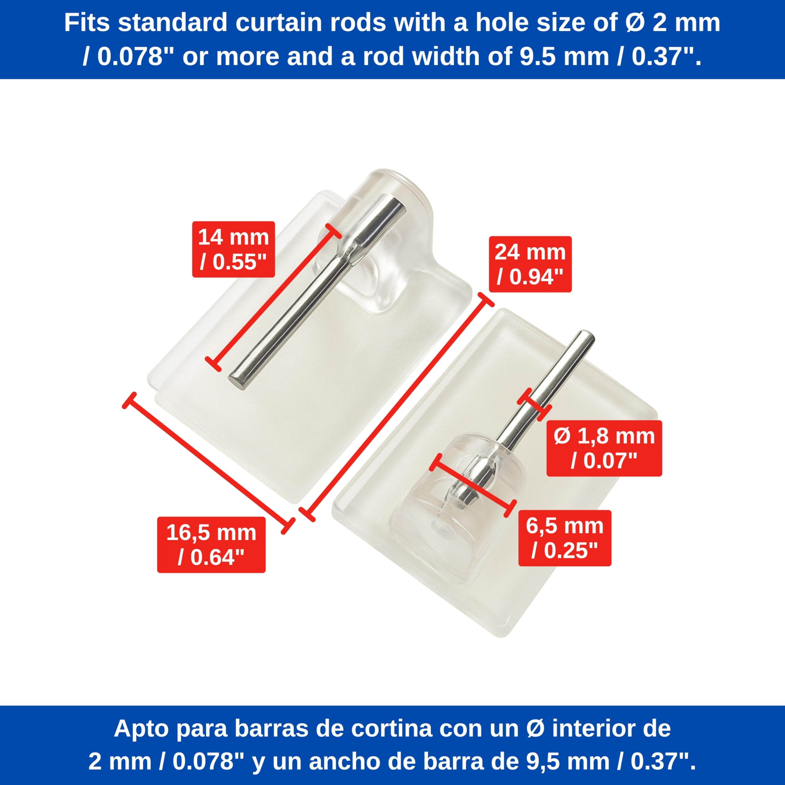 Gancio autoadesivo per bastone, 10 x trasparente, misura 24 x 16.5 mm, ganci per tenda, ganci per zanzariere, gancio adesivo per tende a finestra, aggancio per bastoni su finestre in PVC, curtain hook