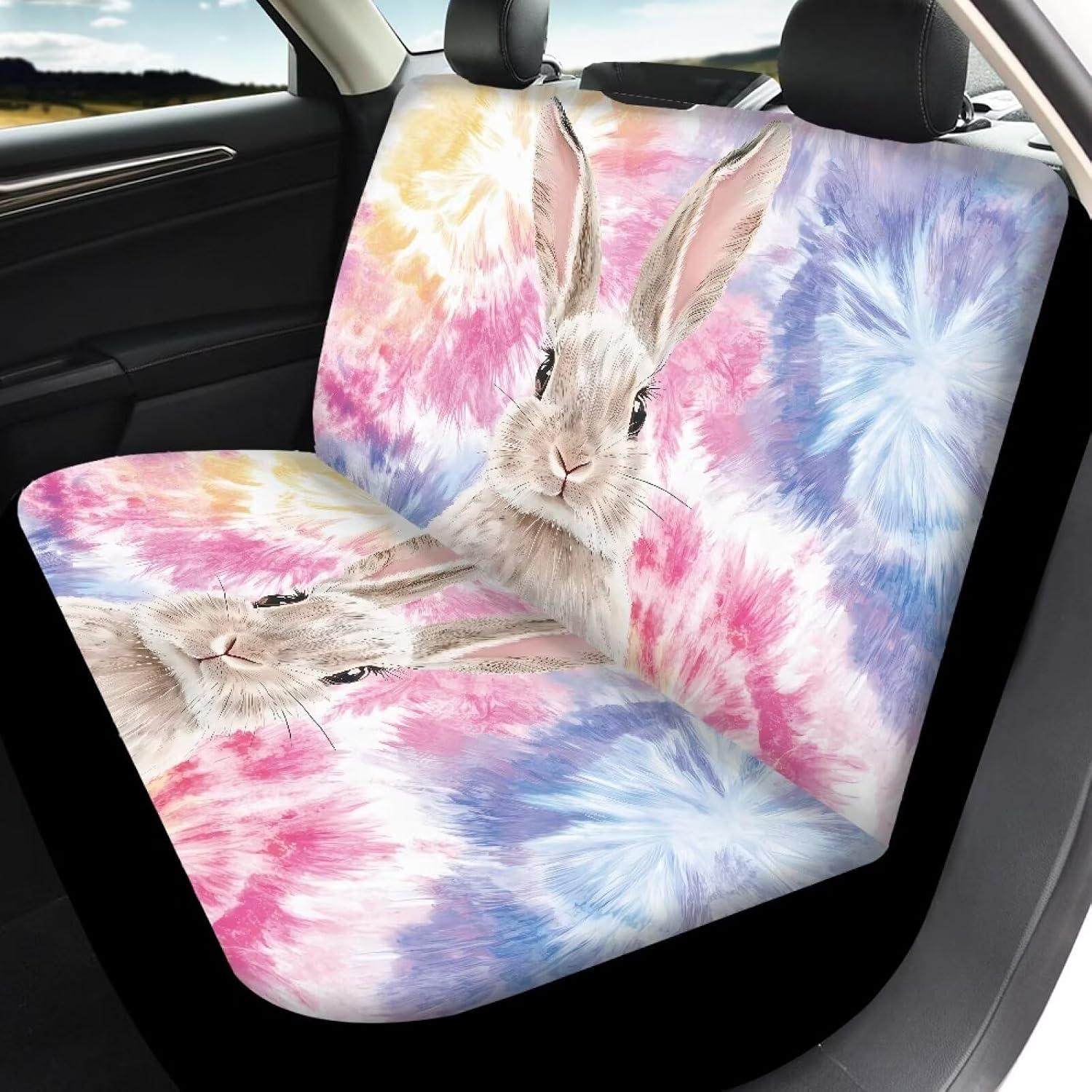 Amzbeauty Tie Dye Rabbit Print Premium Car Seat Covers Set for Sedans SUVs Trucks Front and Rear Seats Soft Easy to Clean Non-Slip Design