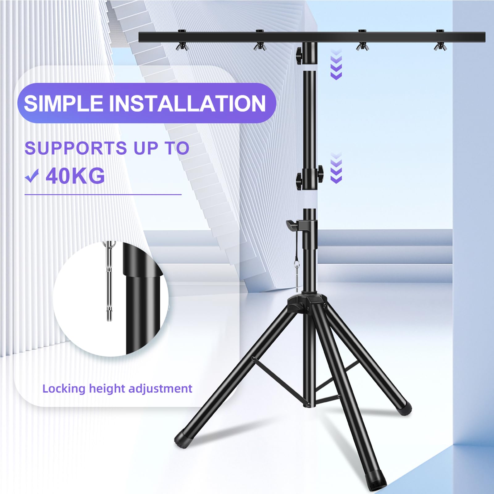 Lot de 2 trépieds lumineux avec traverse - Hauteur réglable de 1 à 2,5 m - Pour éclairage de scène et de concert, jusqu'à 4 lampes DJ