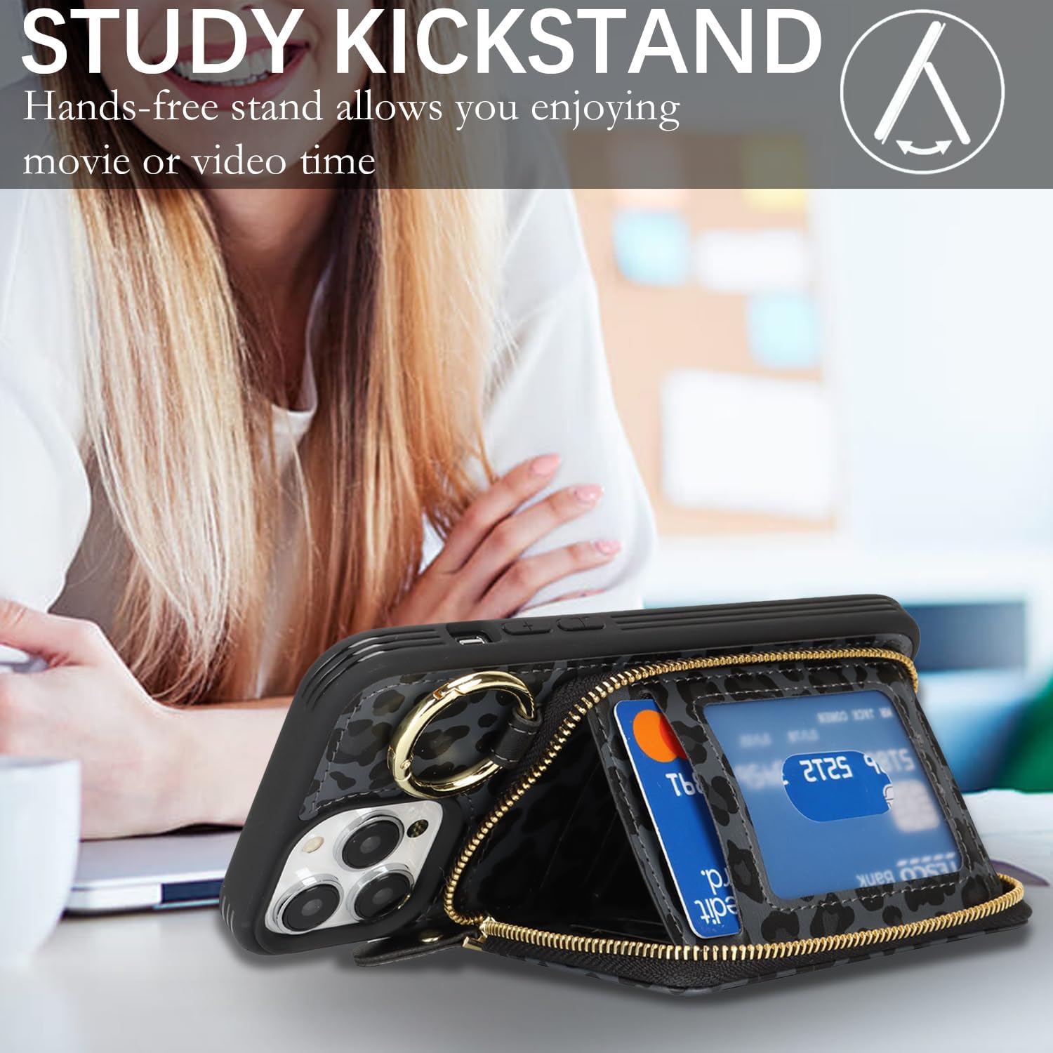 for iPhone 13 pro max Case Wallet with Card Holder-Black Leopard image 3