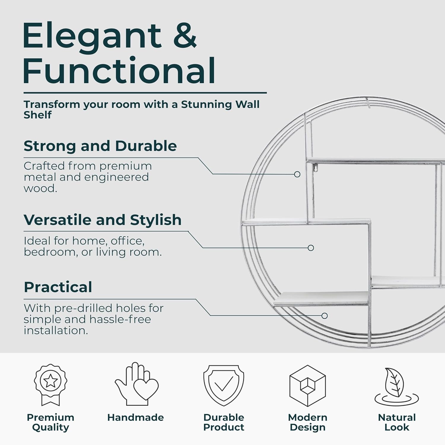 Elegant Wall Hanging Storage Organizer for Living Room Decor - Round Wall Mounted Shelf with Wood and Metal Frame for Entryway Display - Functional Shelf for Books and Plants - 32", Silver & Metallic