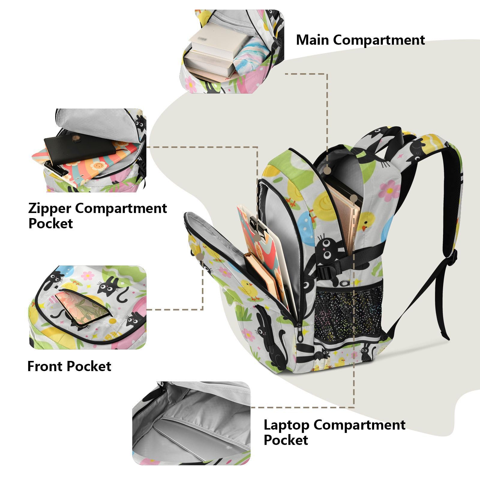 Duży plecak podróżny czarny kot z jajkami królika Happy Easter Work College School Bookbag