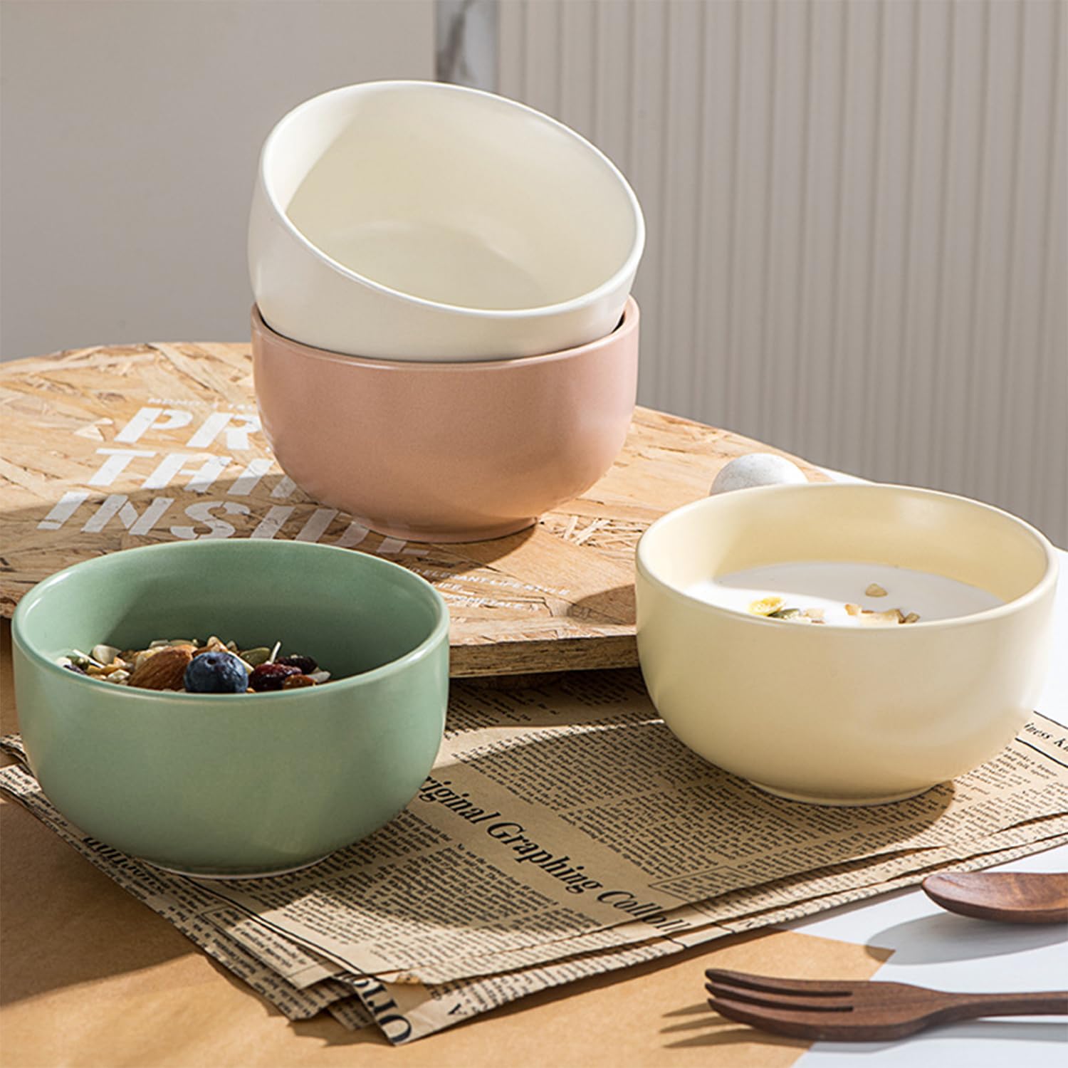 Großes Müslischalen-Set, 400 ml, Suppenschüsseln, mikrowellengeeignet, Reisschalen, Keramik-Müslischalen, Frühstücksschalen (Rosa, 4 Stück)