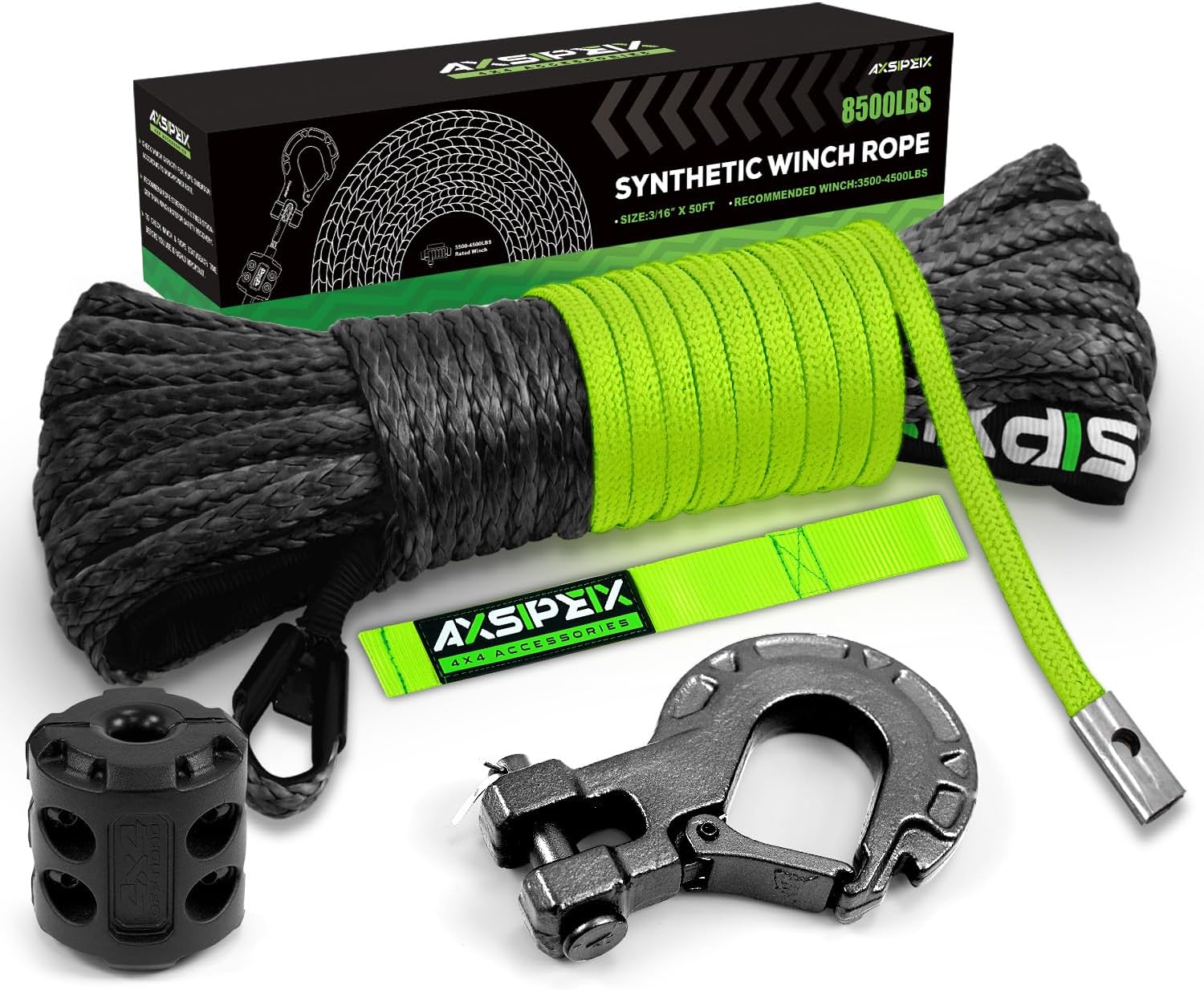 Synthetic Winch Rope Kit, 3/16" x 50ft 8500LBS Black Winch Cable with Protective Sleeve, Forged Winch Hook, Rubber Stopper and Safety Pull Strap for ATV UTV