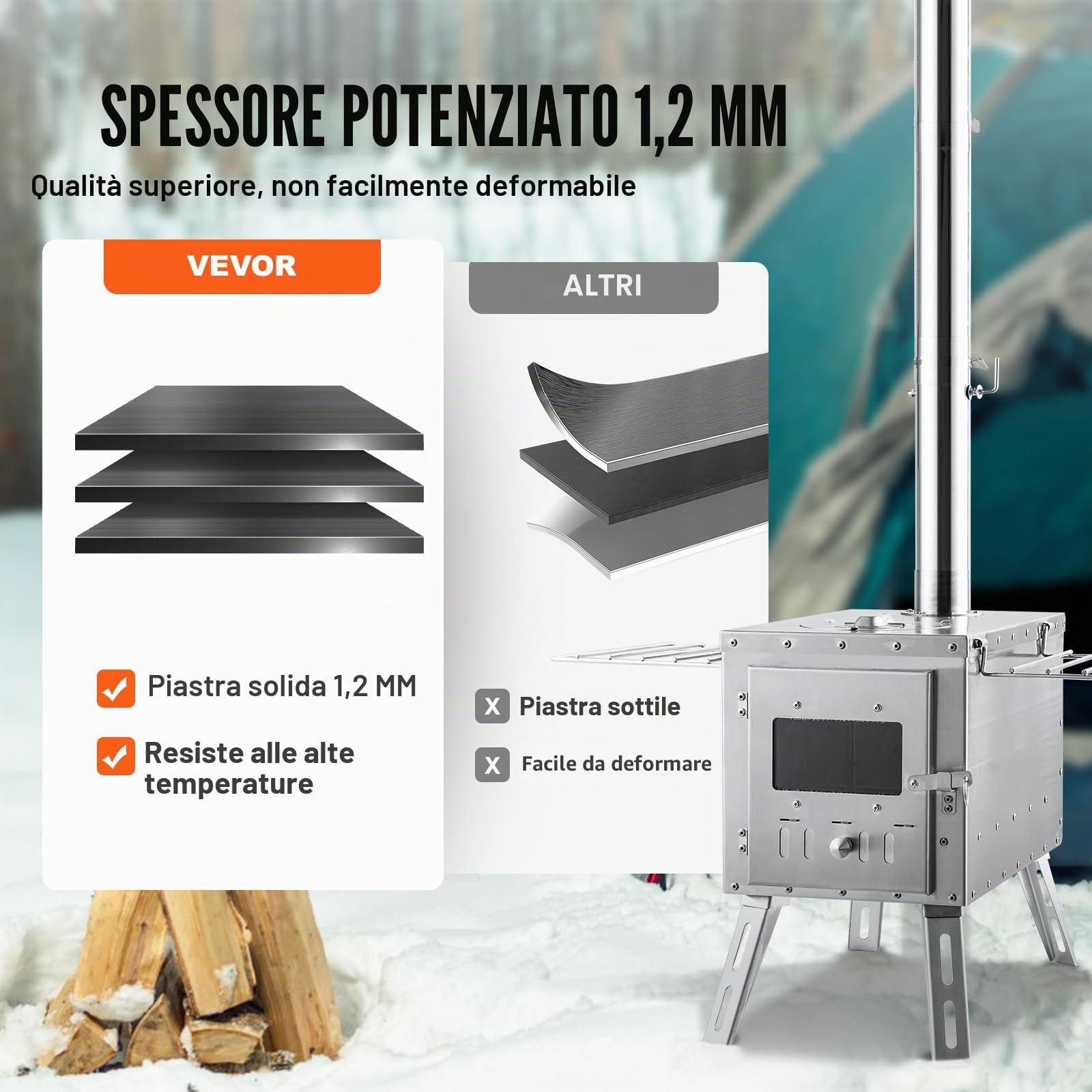 VEVOR Stufa a Legna, 86 pollici, Stufa per Tenda da Campeggio in Acciaio Inossidabile, Stufa a Legna Portatile con Canna Fumaria e Guanti, Stufa a Tenda Calda con Focolare da 3000 pollici³