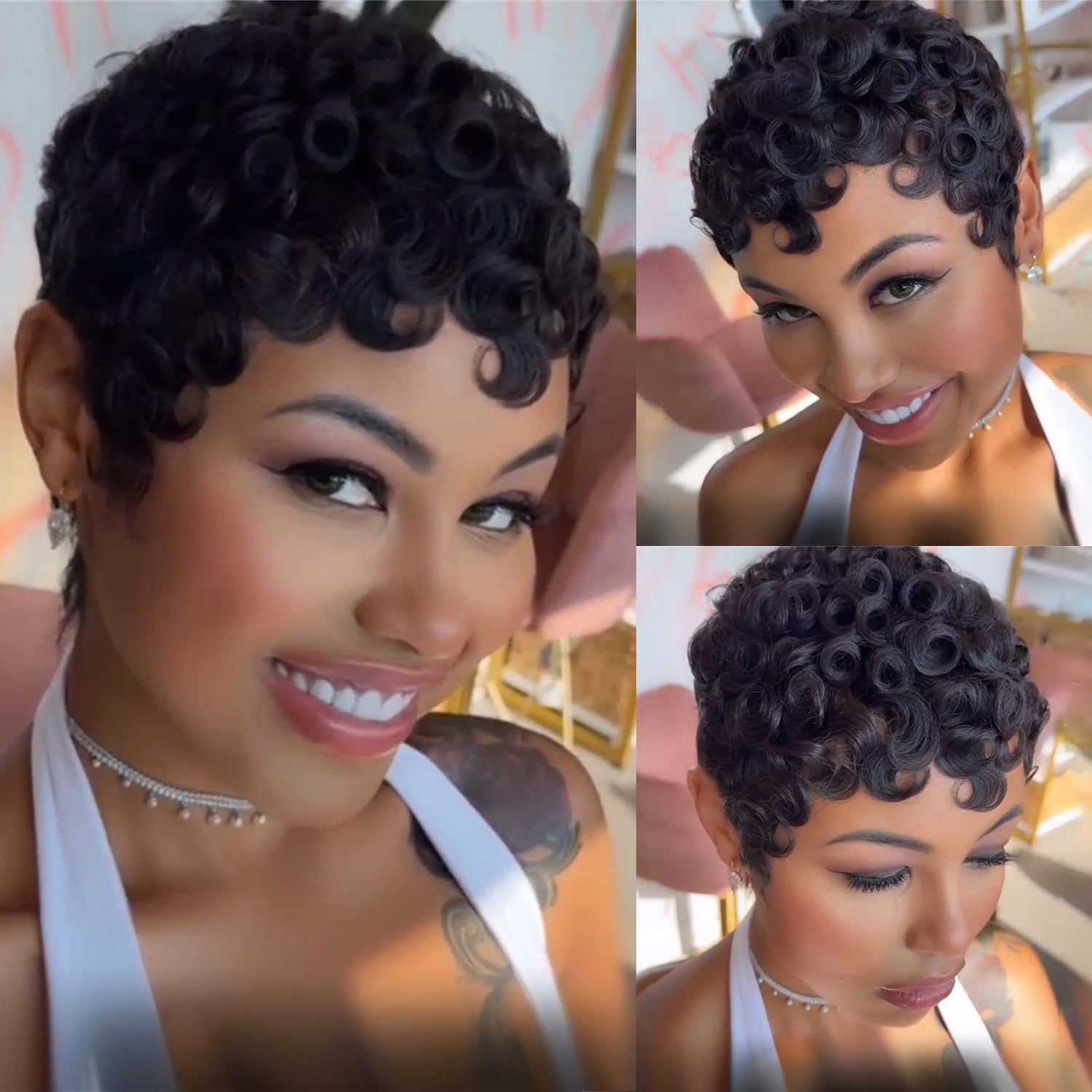 YJOQOKOA Short Curly Pixie Cut Wig Human Hair Curly Wigs for Black Women Human Hair Glueless Pixie Wig Short Layered Brazilian Virgin Human Hair Wigs For Women No Lace front wig for Women daily use