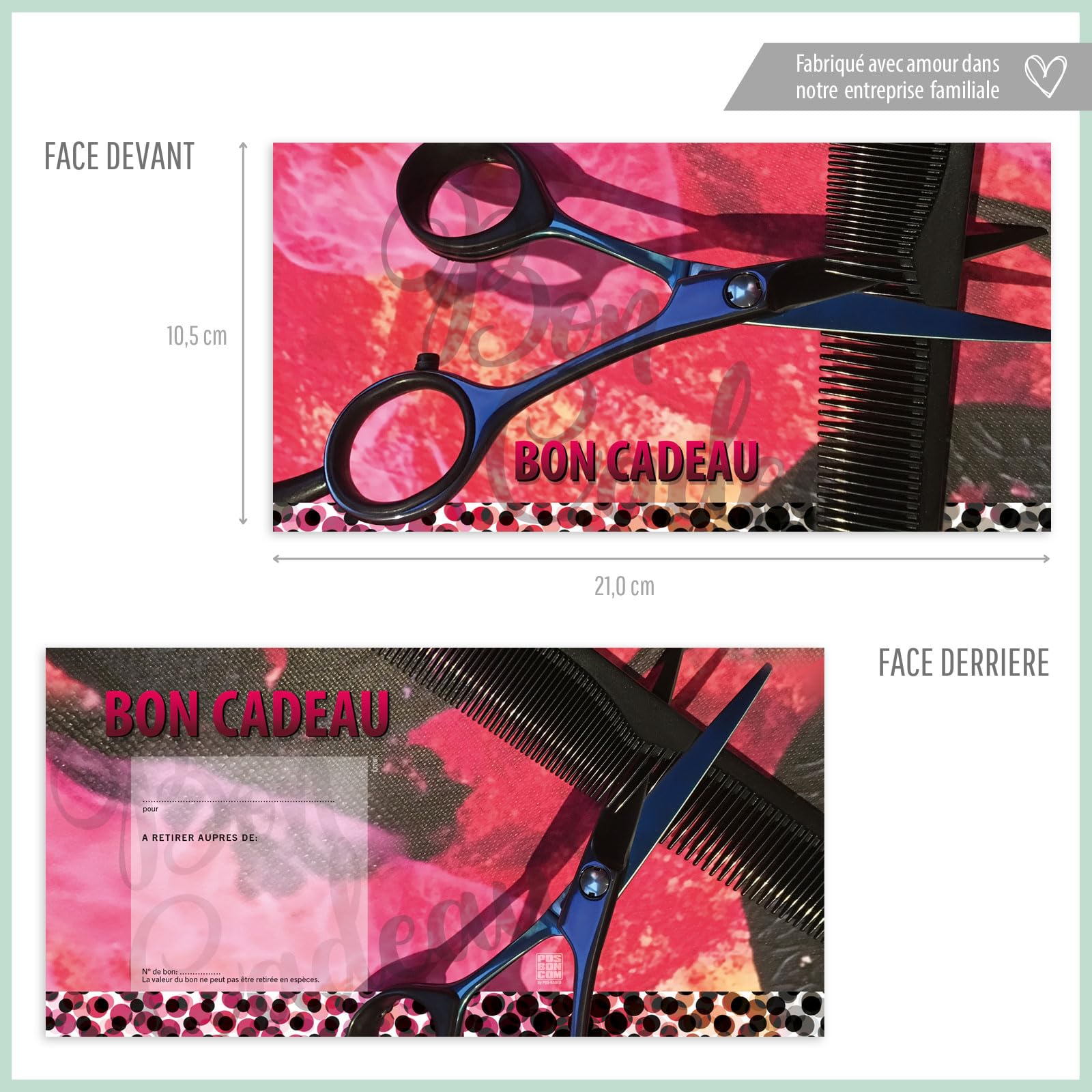 POS BON - 100 bons cadeaux à remplir avec enveloppe/nœud ruban - formulaires imprimés pour des salons de coiffure K9289F-2-100