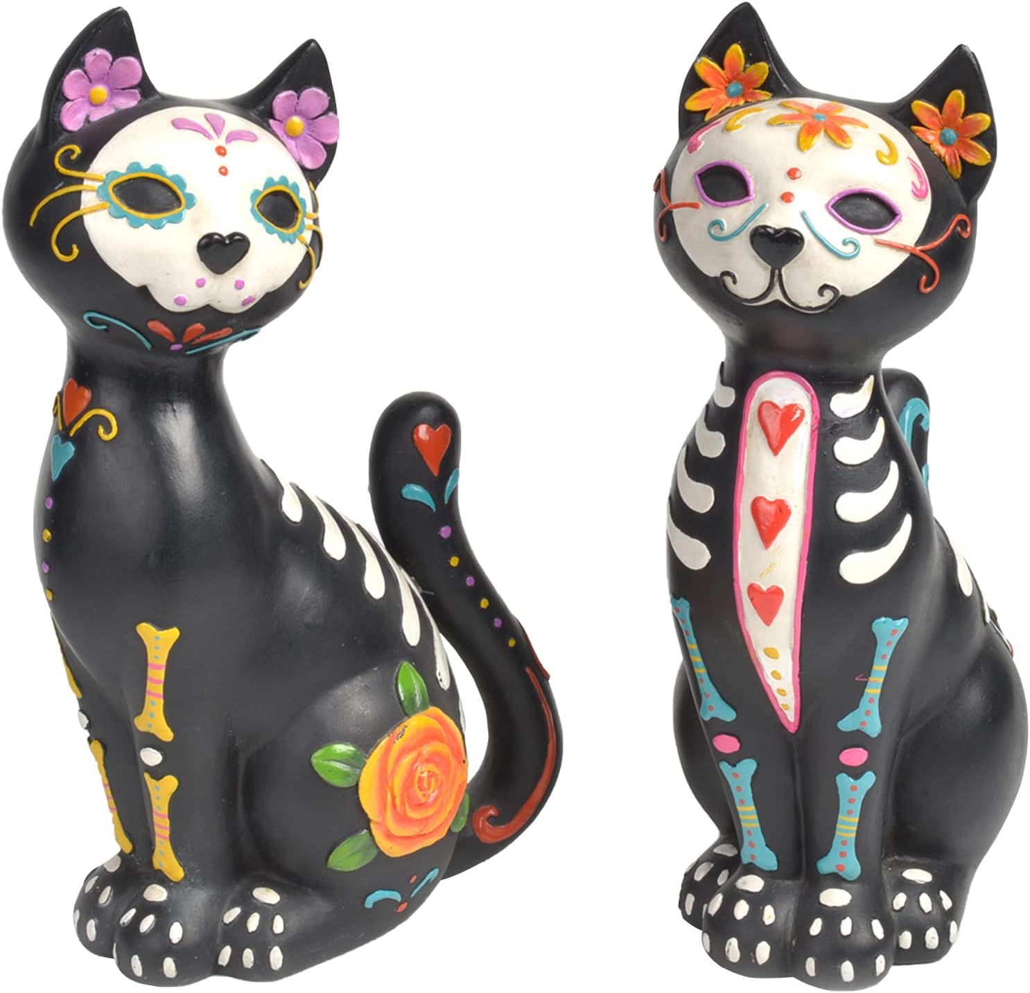 Newman House Studio Sugar-Skull Halloween-Decorations - Day-of Dead-Figurines Floral Cats Couple-Decor Dia de Los Muertos Black Kitten Collectibles Set of 2, 6.3L x 4.0W x 10.2H inch