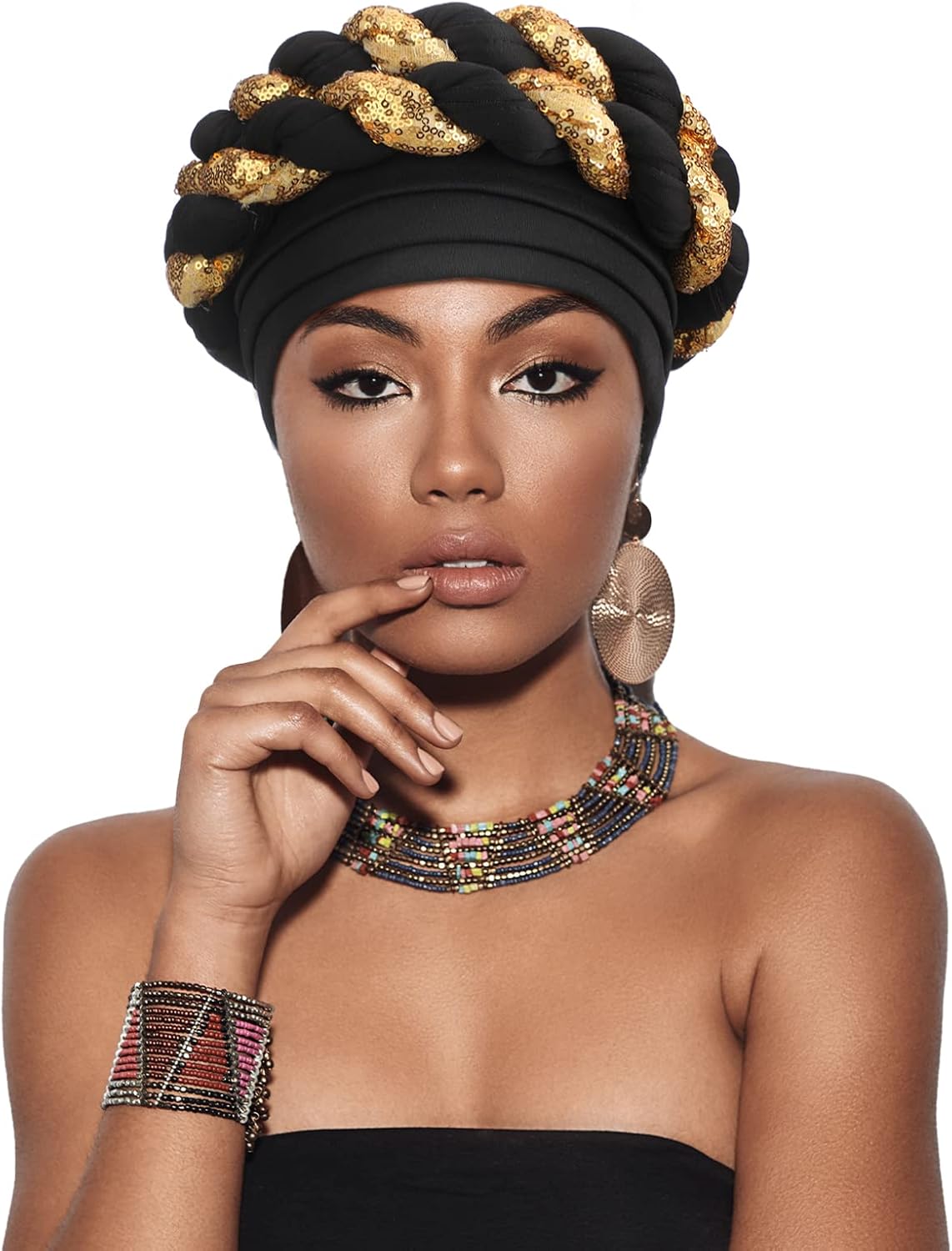 6 Pcs African Turban Hats for Women Turban Head Wraps for Black Women Sequined Braid Beanie Cap Stretchy Twisted Hat