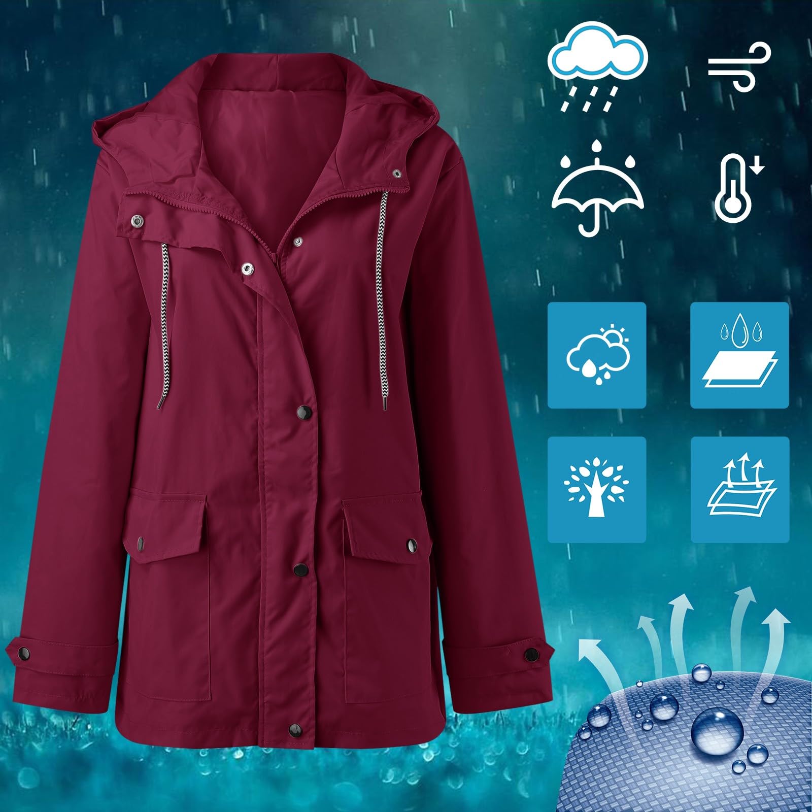Regenjacke Damen-Kapuzenpullover wasserdichter Regenmantel mit soliden Taschen Reißverschlussjacke für Workout Outdoor-Jacke