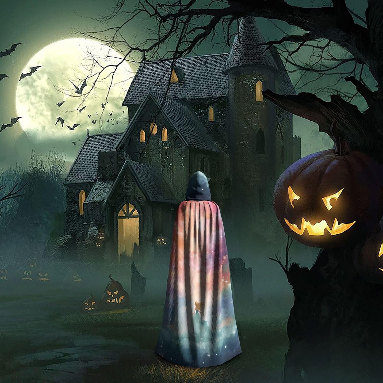 Unisex Full Length Hooded Halloween Christmas Party Robe Cloak Cape Cosplay Costume Men Women Fantasy Paradise Space Prints Black
